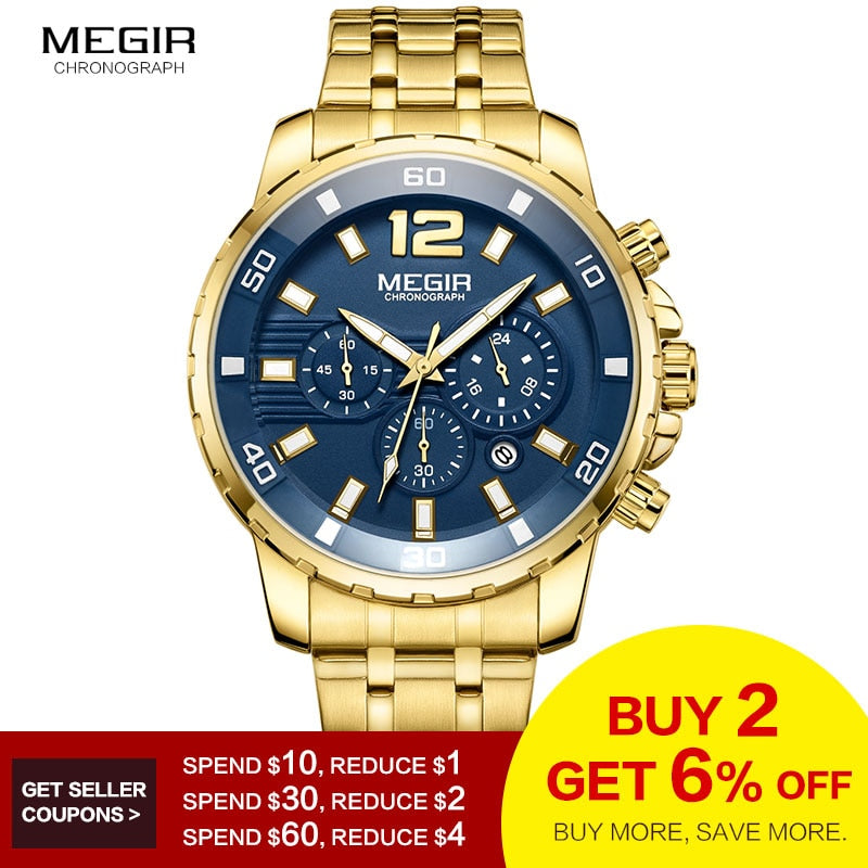 Megir Men's Gold Stainless Steel Quartz Watches Business Chronograph Analgue Wristwatch for Man Waterproof Luminous 2068GGD-2N3